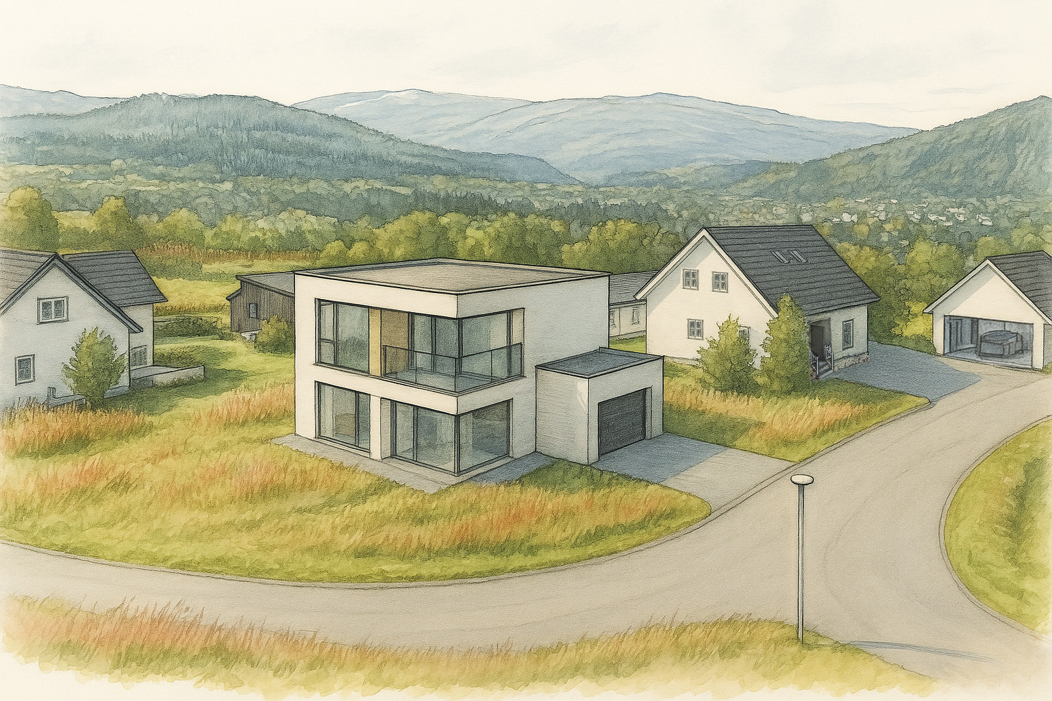 Illustrasjon av et moderne hus med sokkel plassert på en tomt med utsikt.
