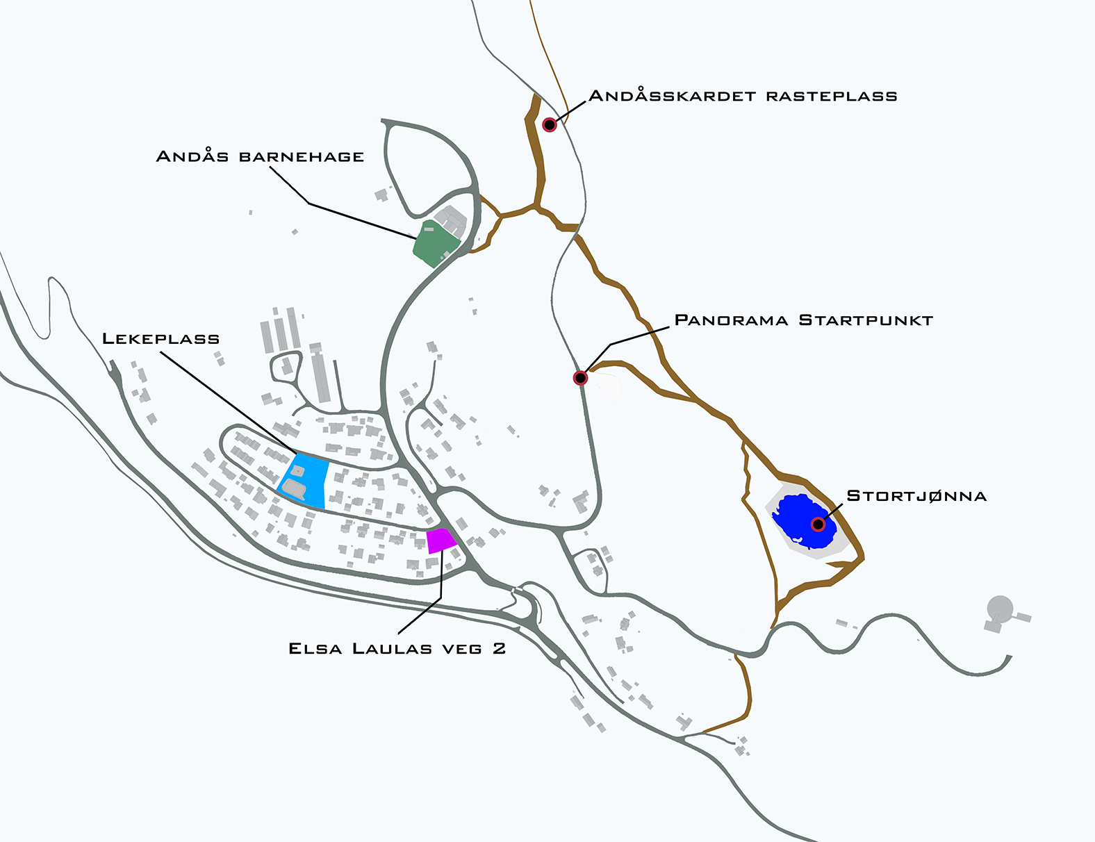 Illustrert kart over Andåsen som viser plassering av tomten (Elsa Laulas veg 2), barnehage, lekeplass, turstier og Stortjønna.